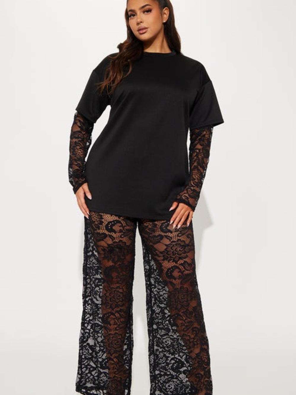 Fashion Nova Black Lace Sheer Wide-Leg Pant Set with Long Sleeve Top